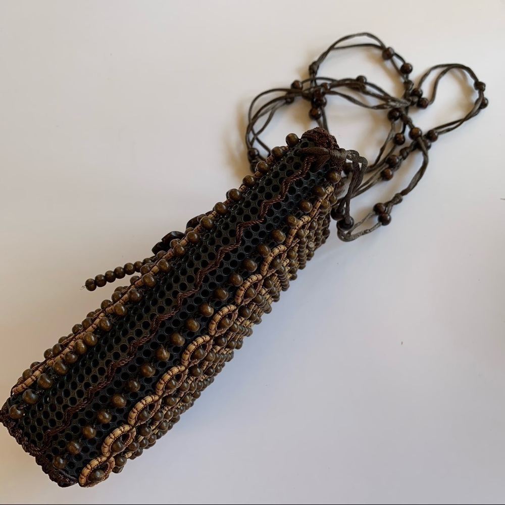 Handmade Wood Beaded Bag Floral Top Zip Mini Crossbody - Picture 11 of 15